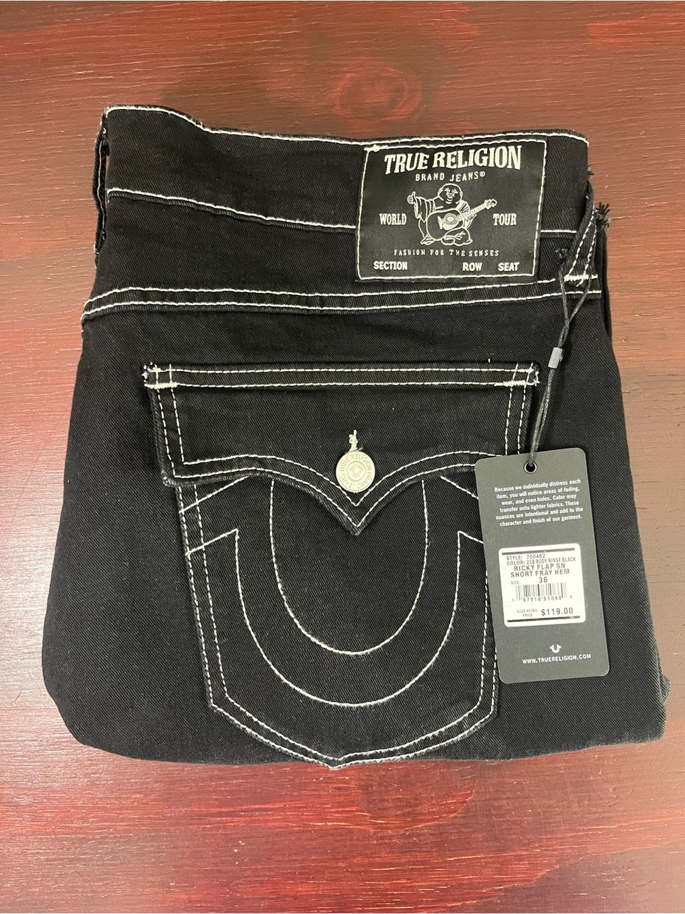 700482 True Religion Ricky Flap Fray Hem Relaxed Shorts Black Sz 36 NWT $119